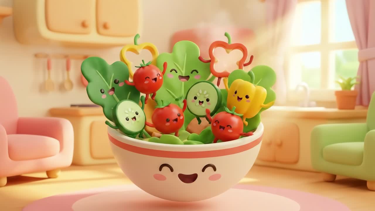 陽気なアニメーションサラダボウルと踊る野菜