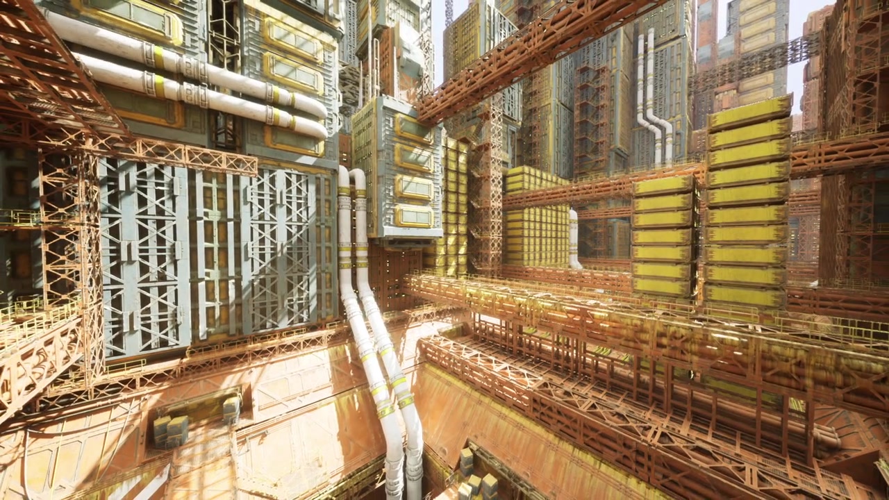 Intertwined metal frameworks highlighted by sunlight in cityscape