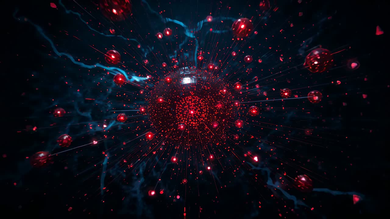 Brightening glowing red sphere emitting ring of red dots, blue arcs in void, with energy burst