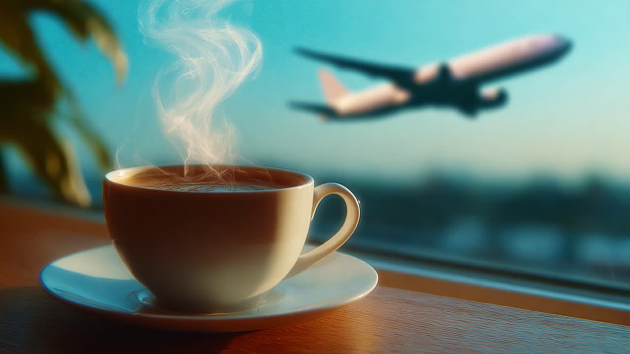 A serene moment captured in time featuring a steaming cup of coffee placed near a window with a view of an airplane flying in the distance, perfect for travel enthusiasts and coffee lovers alike