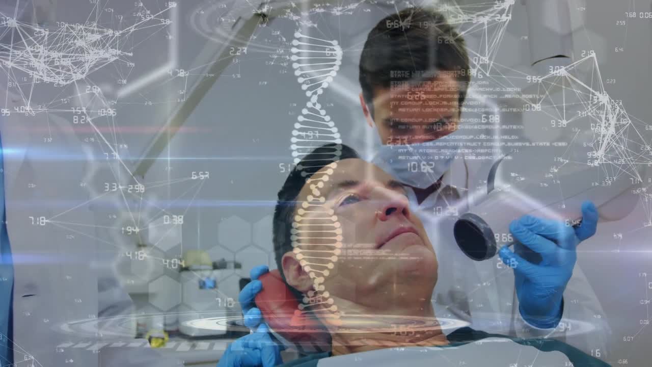 레이저 치료 중에 백인 남성 의사와 환자를 대상으로 한 화학 공식의 애니메이션