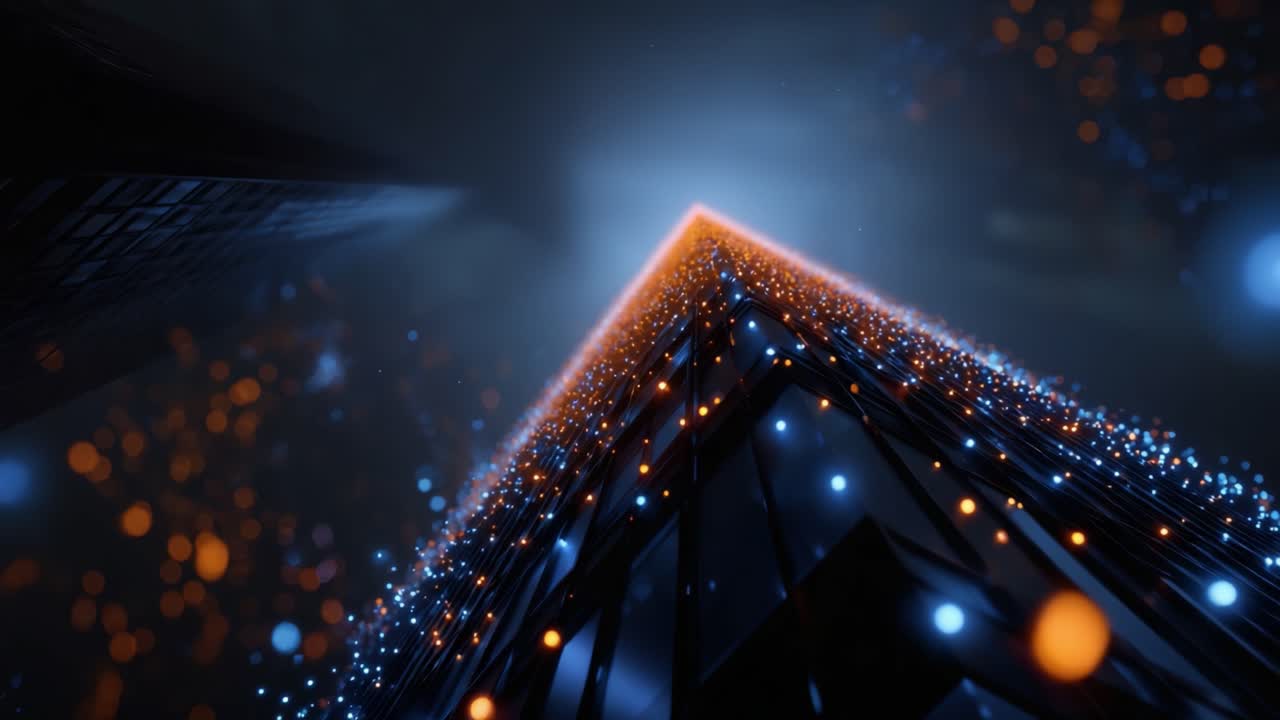 A Futuristic Skyscraper Illuminated by Glowing Orange and Blue Lights, Reaching Upwards into a Dark Sky Filled with Mysterious Particles and Depths of Urban Night Life