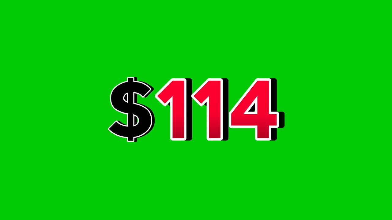 Animation number $114 dollar sign motion graphics, red font with white and black outlines green screen background vibrant red numbers. Video 3D effect with shadows for video elements business concept