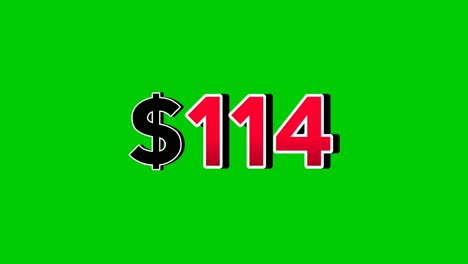 animation number $114 dollar sign motion graphics, red font with white and black outlines green screen background vibrant red numbers. video 3d effect with shadows for video elements business concept