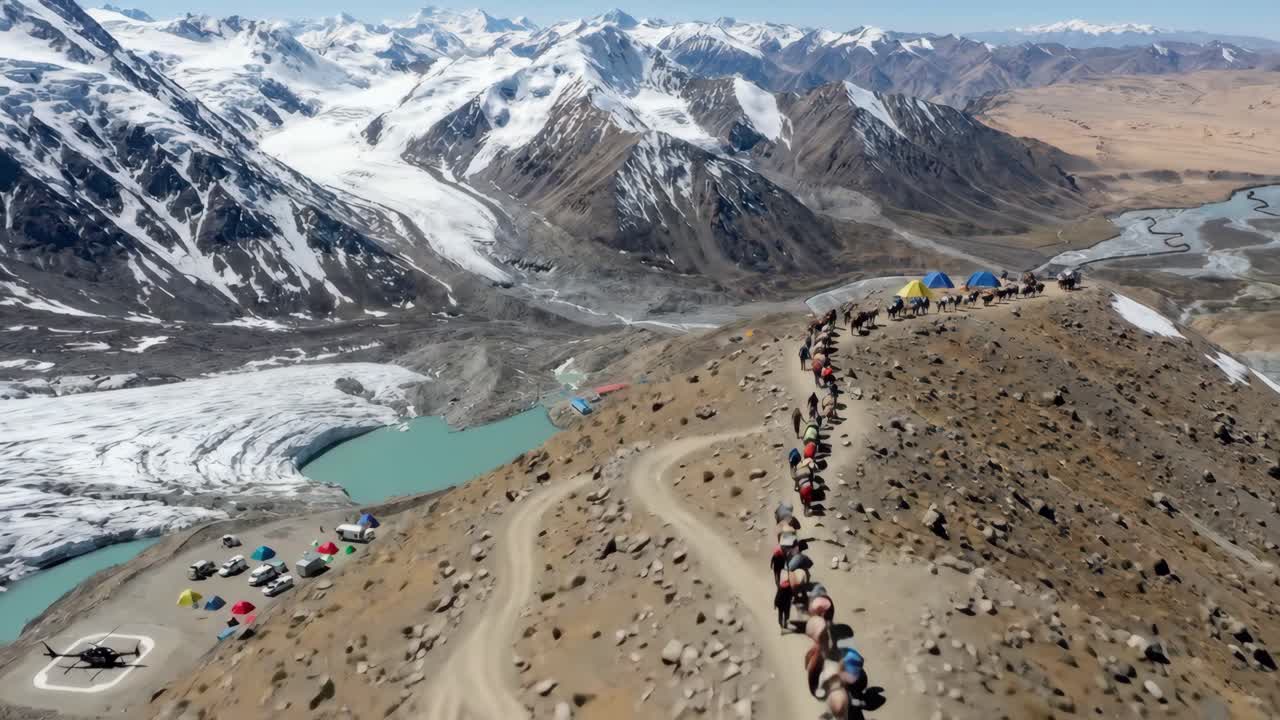 Vista aérea de caminhantes subindo um caminho de montanha com lago glacial