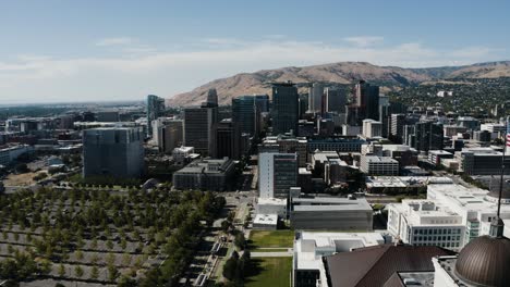 wide drone shot of the salt lake city downtown business sector