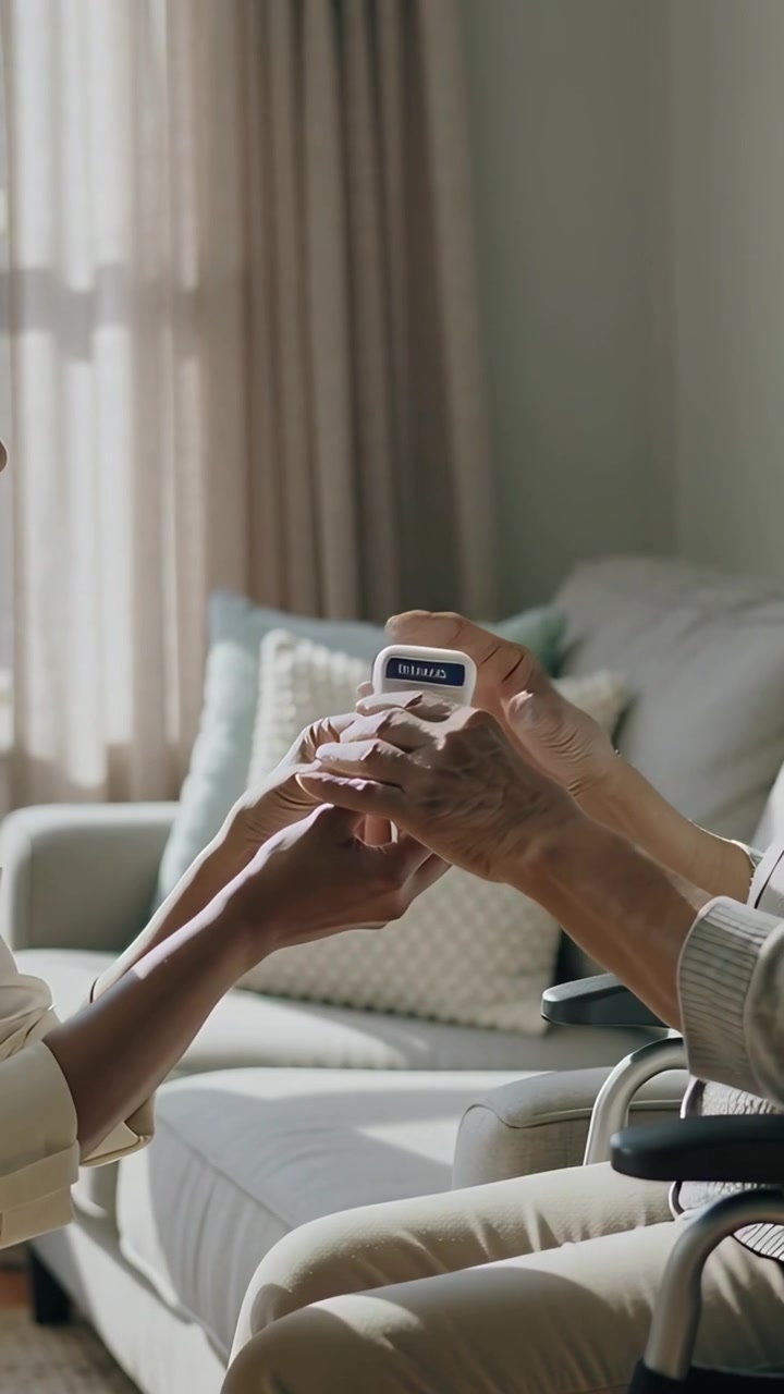 Vertical video: Helping aide placing meter on elder digit in wheelchair at home for pulse