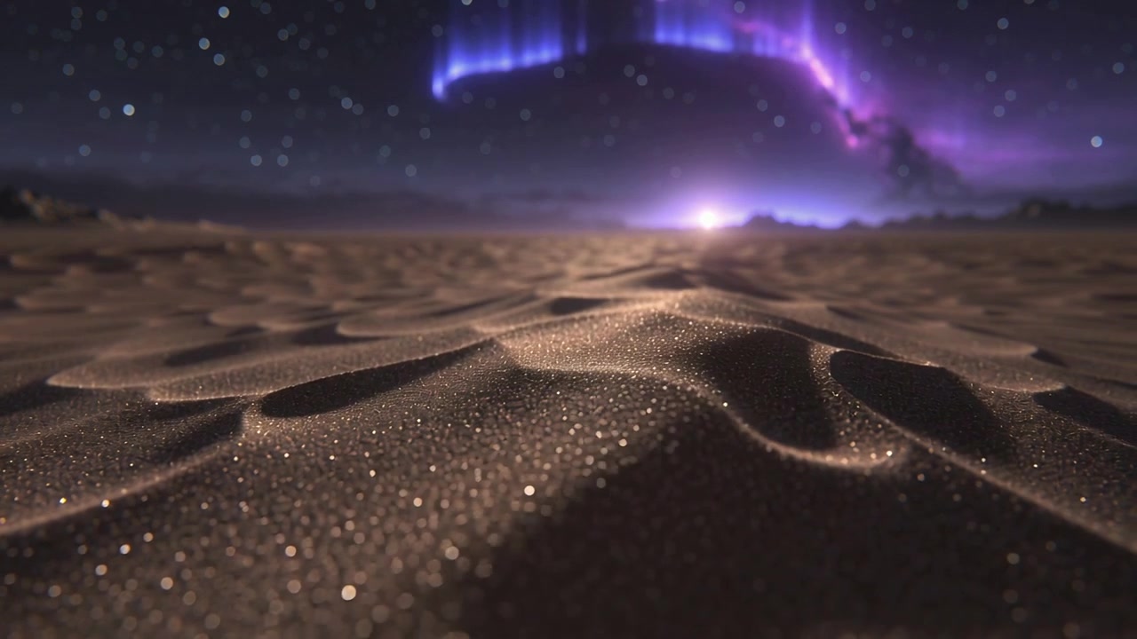 Pulling back camera while horizon glow rising, showing shiny sand ripple, purple aurora and stars