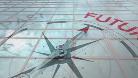 compass pointing towards future animation over glass building reflecting sky