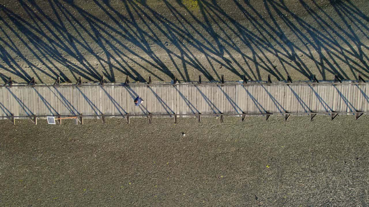 una persona camina sola a través de un puente de madera sobre la arena en la isla de aucar, drone aéreo vista del cenit, patagonia andina, chile