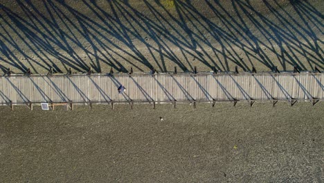 una persona camina sola a través de un puente de madera sobre la arena en la isla de aucar, drone aéreo vista del cenit, patagonia andina, chile