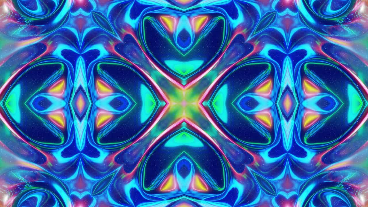 patrón ondulado líquido como el caleidoscopio con olas o mandala, gradiente multicolor. 3d elegante abstracto en bucle bg, estructura simétrica ondulada de líquido brillante. animación fluida colorida de moda 4k.