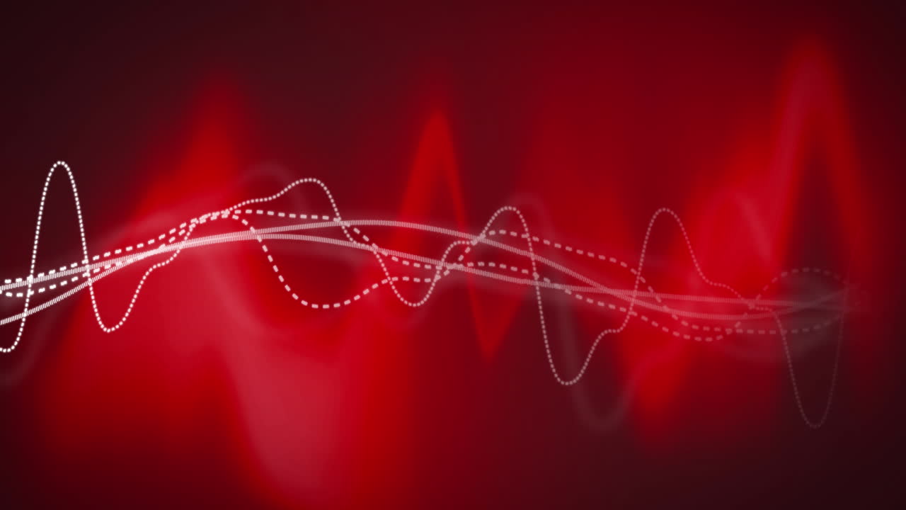 검은 바탕에 빛나는 빨간색 에너지 위에  ⁇ 색 데이터 파동