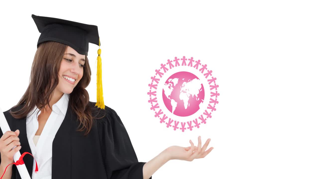 animación del logotipo del globo rosa sobre una estudiante sonriente