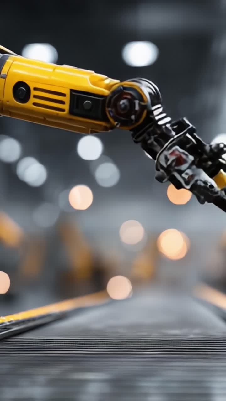 High-tech robotarm udfører præcisionstekniske opgaver i et avanceret produktionsanlæg med dynamiske bokeh-baggrundseffekter.