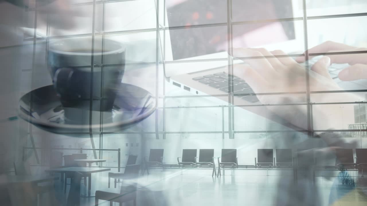 현대 건물 에서  ⁇ 고 있는 승객 들 을 가속화 시켜 노트북 에서 일 하는 여자 의 손 의 애니메이션