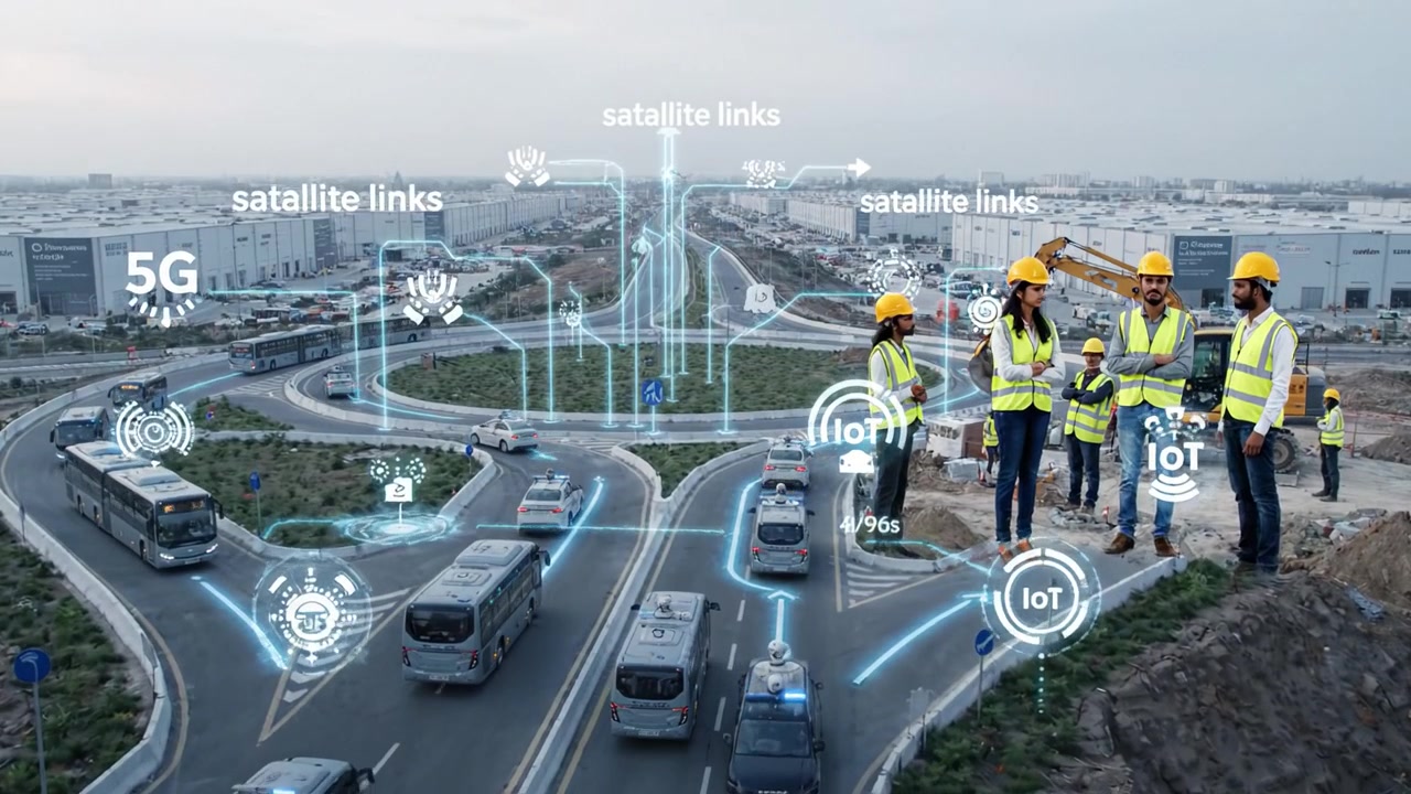 Scena di traffico urbano con autobus e veicoli dotati di tecnologia intelligente in un paesaggio urbano moderno con infrastrutture di connettività avanzate e sistemi di gestione