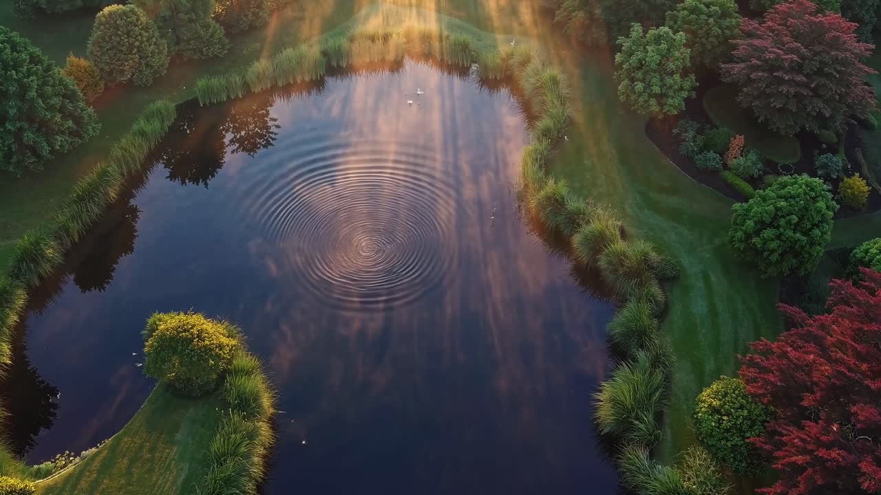 Aerial video view of a serene pond surrounded by lush greenery at sunrise, capturing tranquil