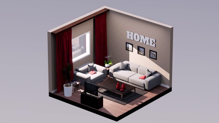 Soggiorno isometrico 3D, con divano e poltrona grigi, mobile TV, tavolo, rotazione sinistra e destra, animazione 3D in loop continuo, scena 3D di design d'interni