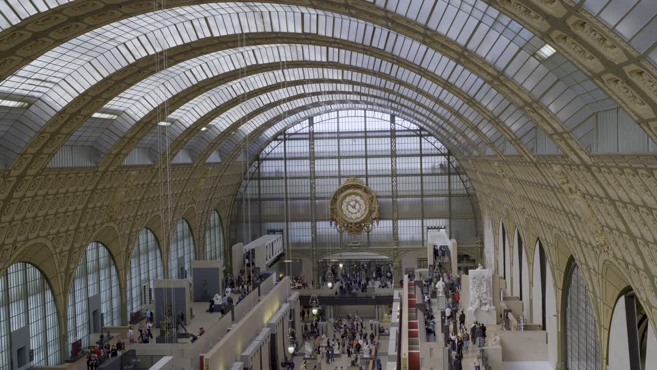 Aerial shot of the interior of Musée d'Orsay, Paris, showcasing the architecture and visitors