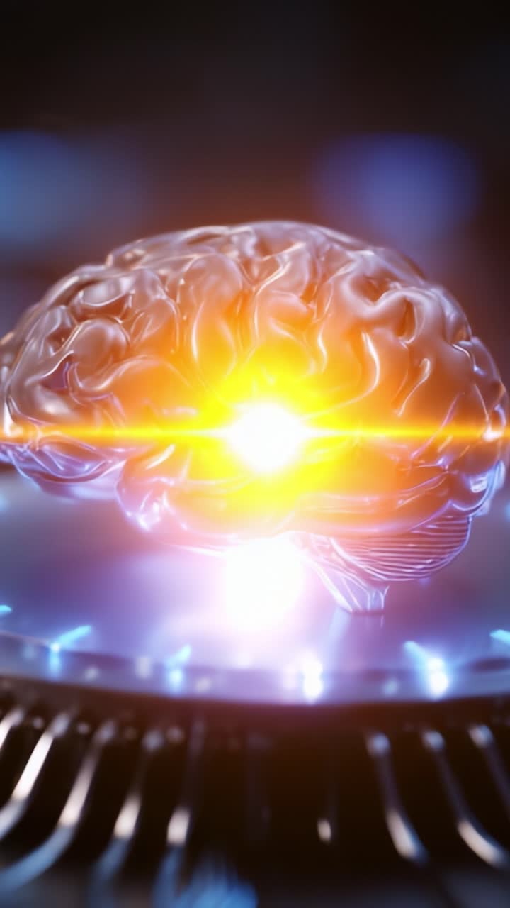 Un cervello luminoso illuminato da una luce intensa, a simboleggiare intelligenza, innovazione e la fusione tra tecnologia e mente umana in un ambiente futuristico