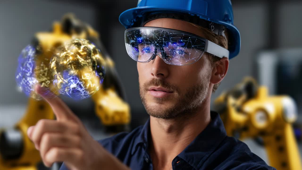 A focused individual wearing augmented reality glasses interacts with digital representations of robotic machinery in a high-tech environment, merging innovation and advanced technology in modern manufacturing