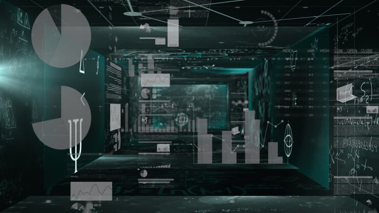 Mathematical equations floating against statistical data processing against black background