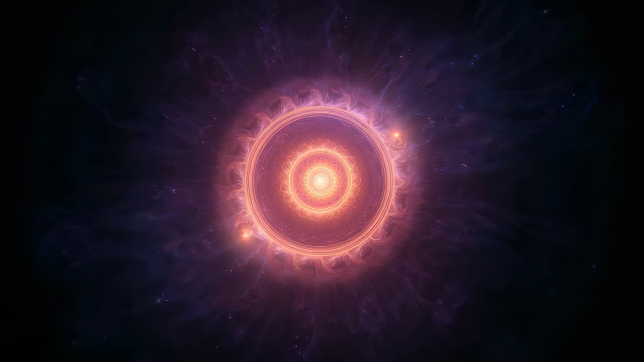 Pulsing central orb mandala expanding in dark star field, revealing rings, lattice, orbiting flares