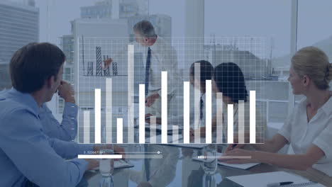 bar chart animation over business meeting in modern office