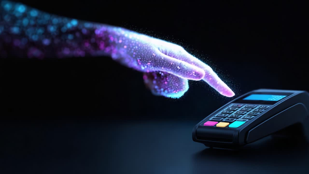 Una mano se acerca a un terminal de pago en una deslumbrante exhibición de luz y color, que significa tecnología moderna y transacciones digitales en un entorno oscuro
