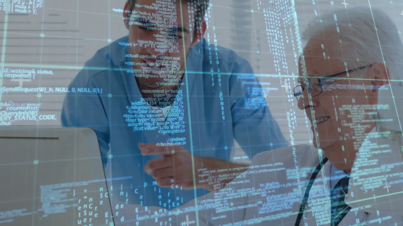 Medical professionals examining data with coding and digital information animation