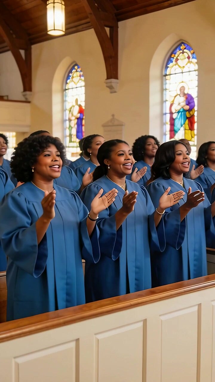 Vertical video: Singing choir in blue robes answering hymn cue and clapping for worship at church