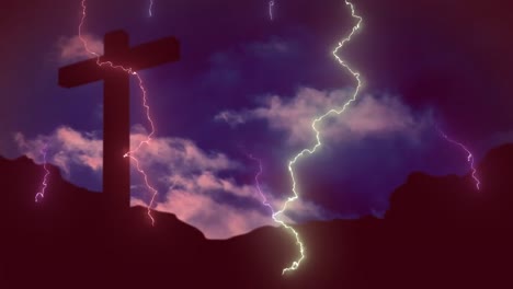 composición digital del efecto del trueno sobre la cruz contra las nubes en el cielo