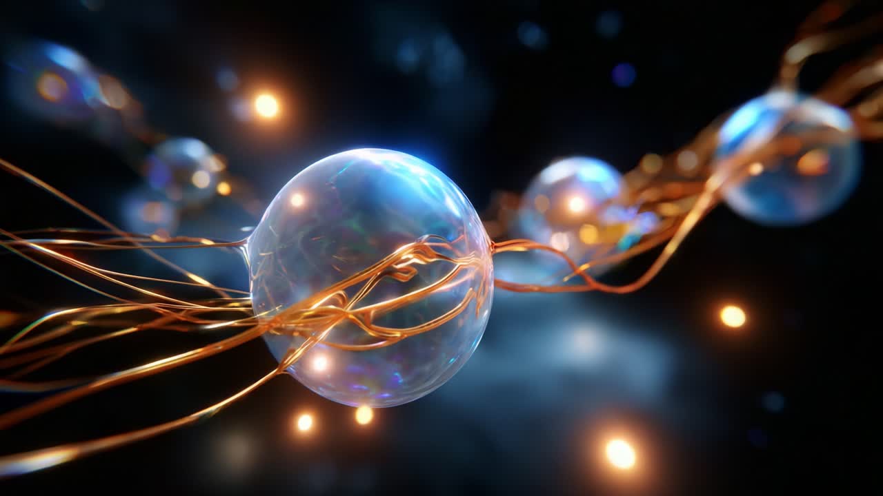 A mesmerizing display of interconnected luminous spheres and intricate strands, showcasing the beauty of energy flow and light interactions in a vibrant and dynamic abstract composition, filled with color and motion