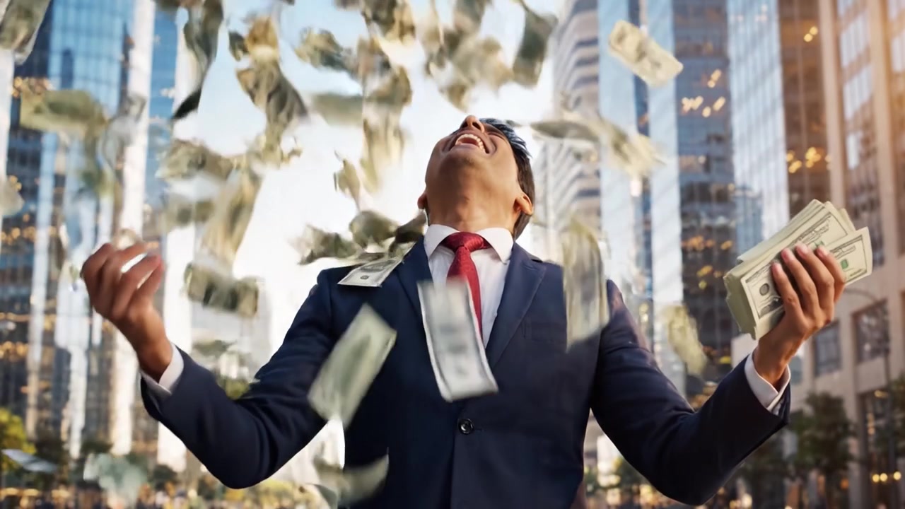 Un uomo d'affari determinato celebra il suo successo finanziario all'aperto, irradiando fiducia e gioia mentre tiene pile di contanti sullo sfondo di un moderno skyline cittadino.