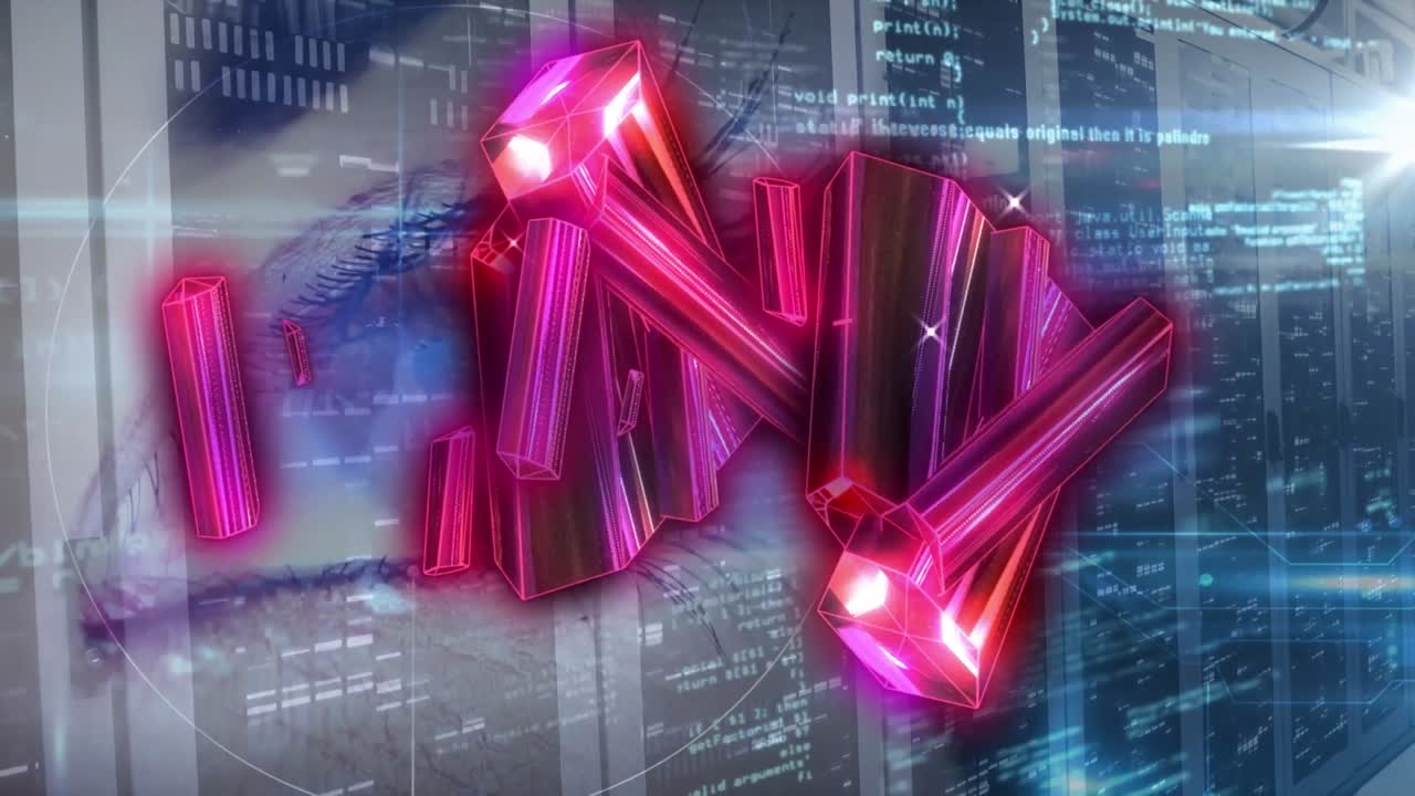 Animation of red diamonds and lights over servers and eye of caucasian woman