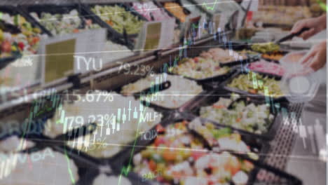 animación del procesamiento de datos estadísticos y financieros frente a una vista de cerca del buffet de comida