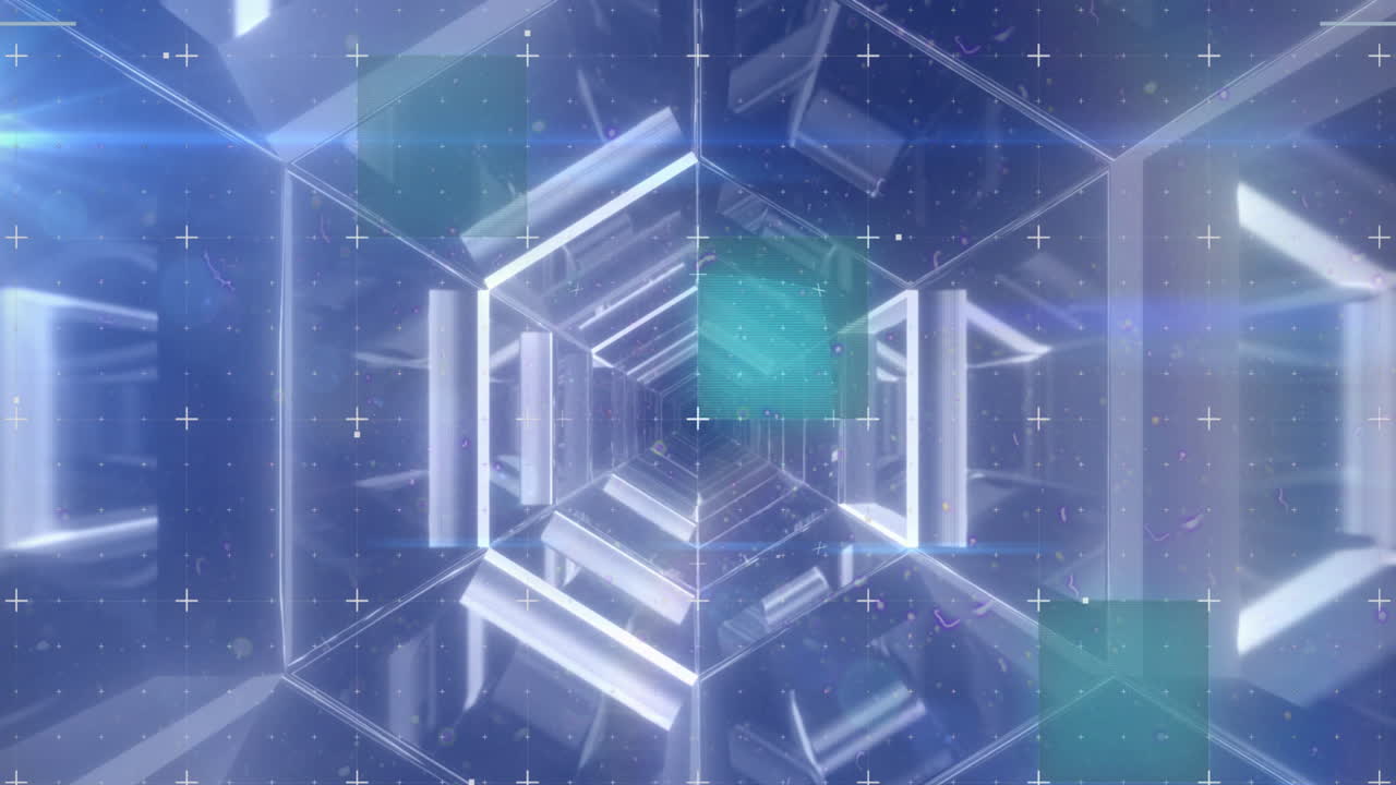 추상적인 배경 위의 육각형 터널 위의 오류 기술의 애니메이션