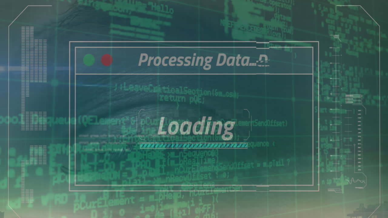 Animation of interface with data processing against close up of a human eye