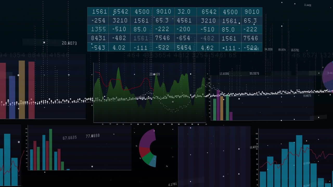 Animation of financial data processing on black background