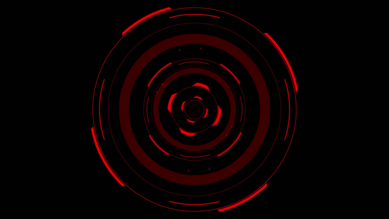 Intricate heads-up display with glowing red concentric circles and data markers. Seamless loop for sci-fi, tech, or data visualization. Isolated on black background for overlay use