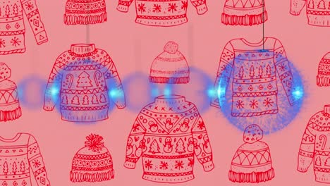 animation of christmas baubles over christmas jumper pattern on pink background