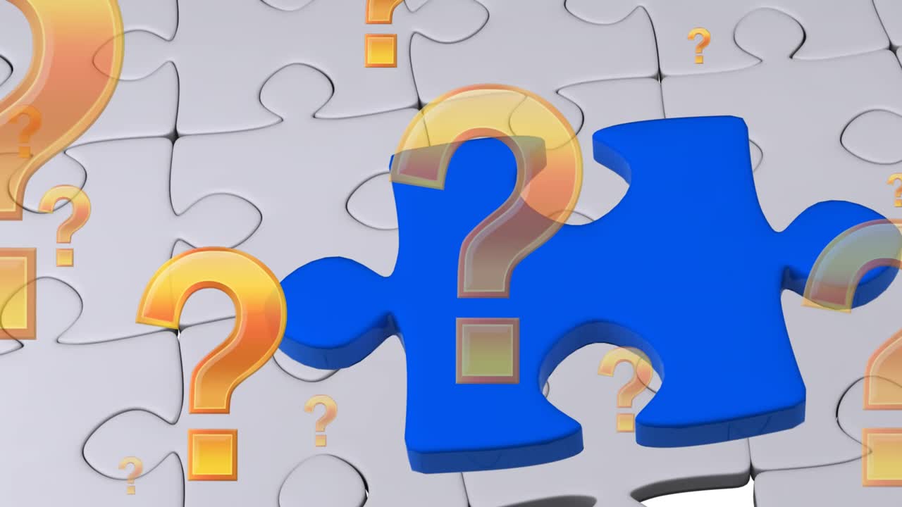 animación de signos de interrogación y rompecabezas azules sobre fondo de rompecabezas blanco
