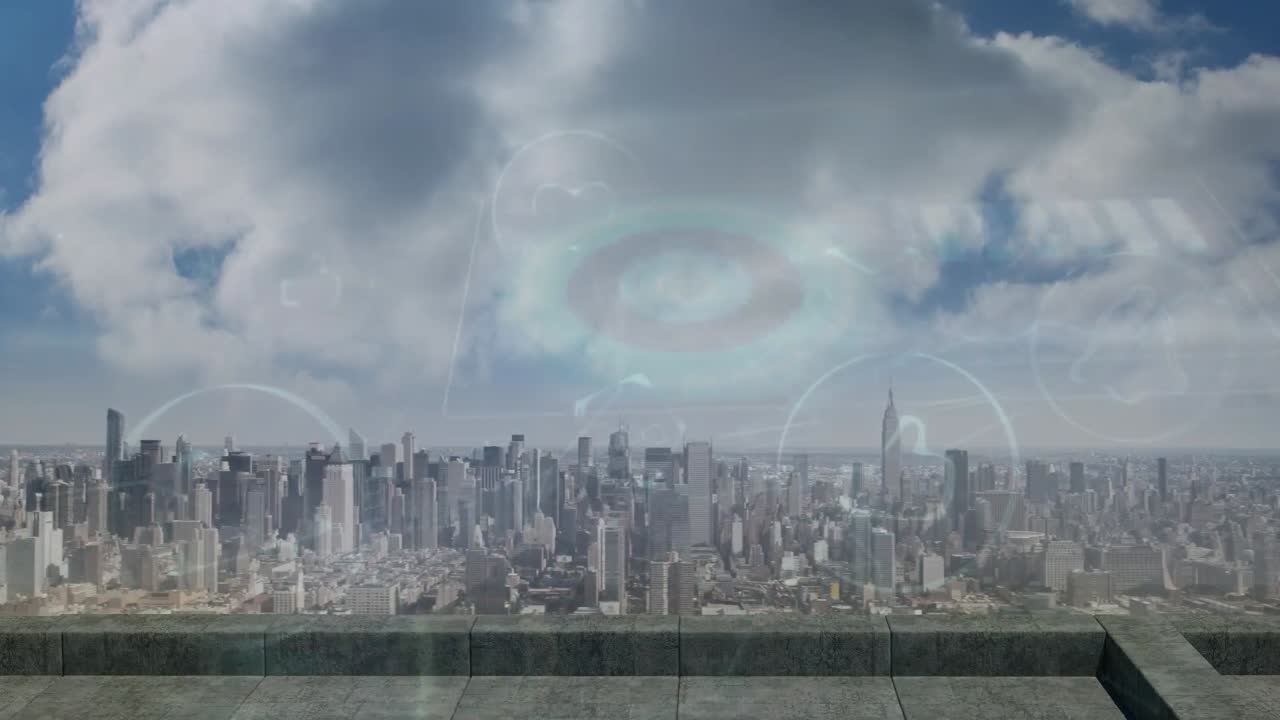 도시 풍경 위의 파란 하늘의 구름에 대한 디지털 아이콘의 네트워크