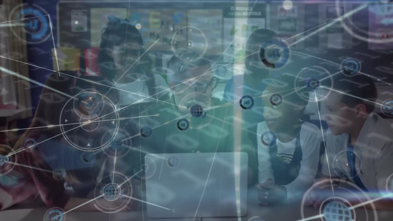 노트북을 가진 백인 남성 교사와 다양한 학생을 통해 연결 네트워크의 애니메이션