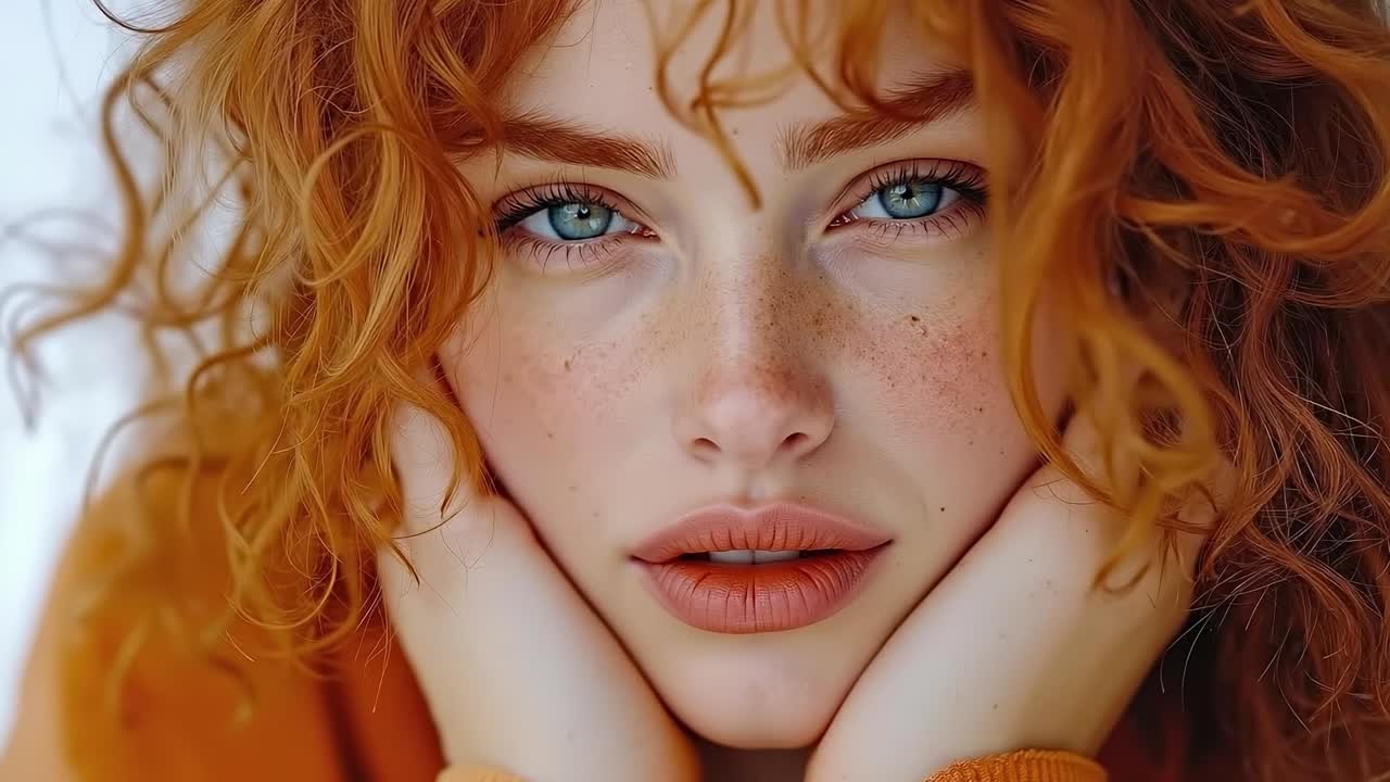 빨간 머리카락과 파란 눈을 가진 여성이 사진을 위해 포즈를 취하고 있습니다.