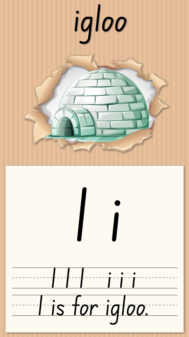 Animated educational video teaches the letter I using an igloo illustration and handwriting practice