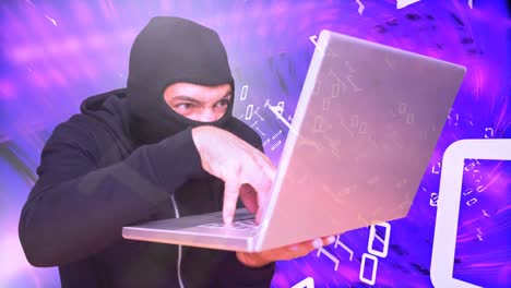 animación digital de un hacker usando una computadora portátil contra un fondo púrpura brillante 4k