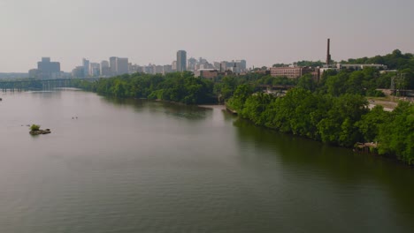 a long aerial shot of downtown richmond that starts over the river and ends with the skyline in view