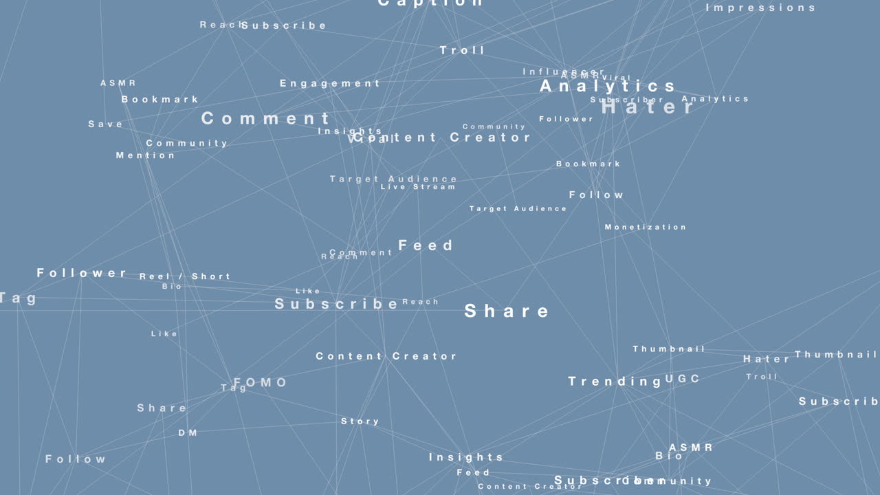 A complex neural network connecting social media terminology and marketing concepts. Ideal for digital strategy, influencer analytics, and global communication themes